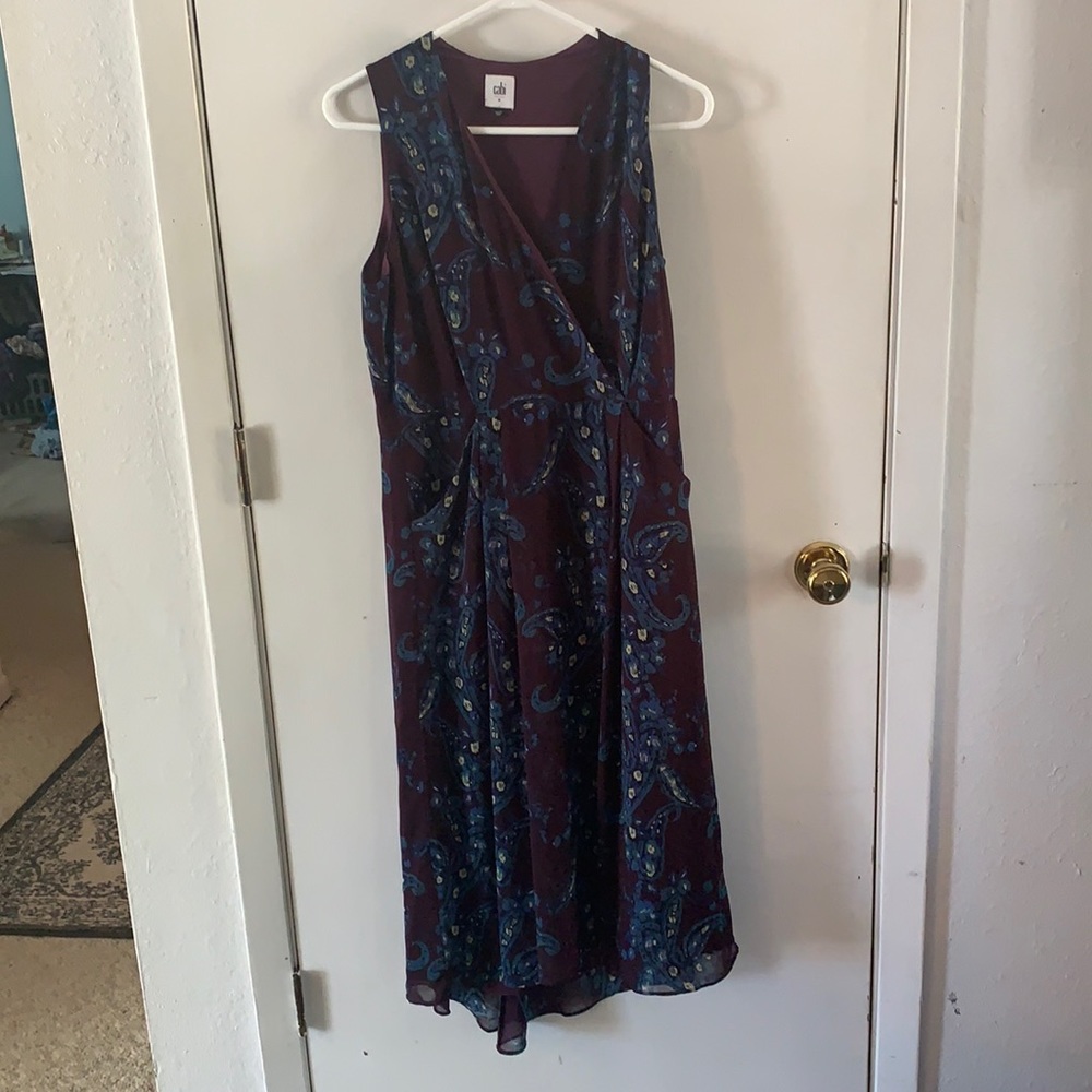 CAbi treasure plum and steel blue wrap front career dress